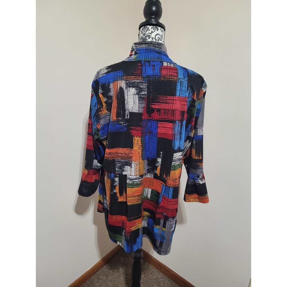 Ali Miles Womens XL Abstract Brushstroke Jacket Multi-Color Funnel Neck Buttonup - Picture 2 of 7